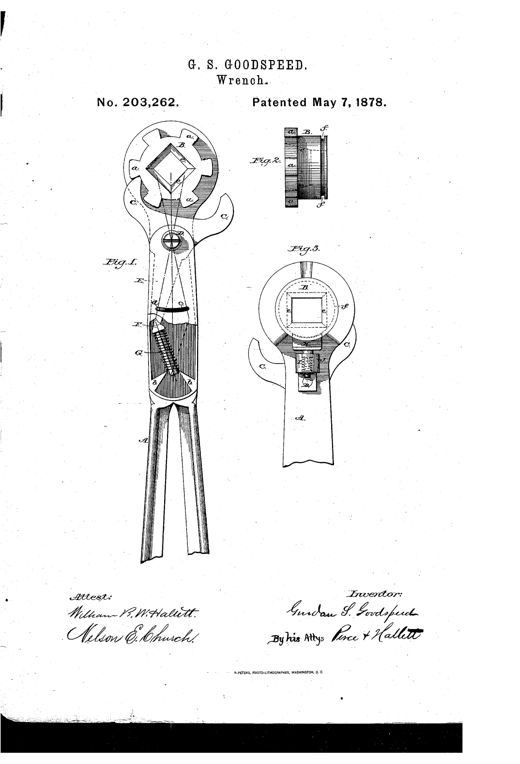 Patent drawing of a wrench with a circular handle end holding a removable pentagonal-cogged nut-holder, shown in front elevation, exploded nut-holder view, and rear elevation with internal spring and catch mechanism.