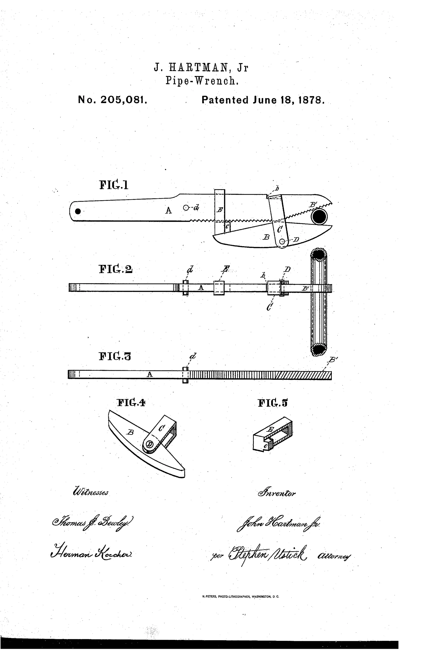 Patent drawing of a 19th-century pipe wrench showing a long serrated lever A with a hinged jaw B connected by a bent yoke C and pivot D, plus a small removable slide E that wedges between the lever and jaw to lock the grip; separate figures show the lever edge-on, the jaw-and-yoke assembly, and the slide piece in isometric detail.