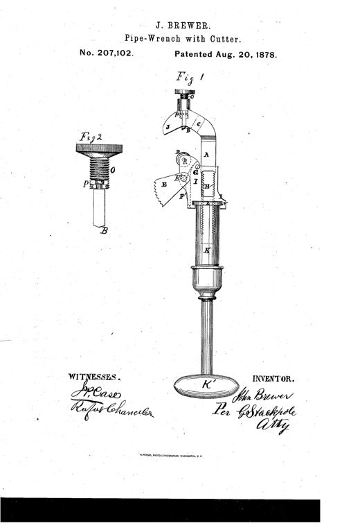 Patent drawing of a combined pipe-wrench and pipe-cutter tool showing a curved hooked head with a rotary cutter and pivoting dog, a threaded shaft body, and a long handle ending in an oval knob, with a separate enlarged detail of the adjustable chamfering screw and swivel joint.