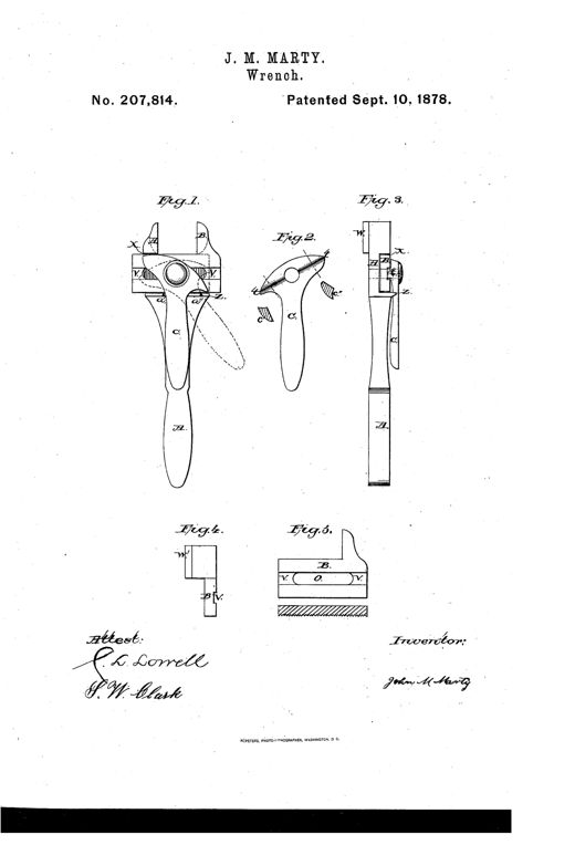Patent drawing of a 19th-century monkey wrench showing a handle with a fixed jaw, a sliding movable jaw, and a curved cam lever used to lock the jaw in place, with additional cross-section details of the jaw slot and grooves.
