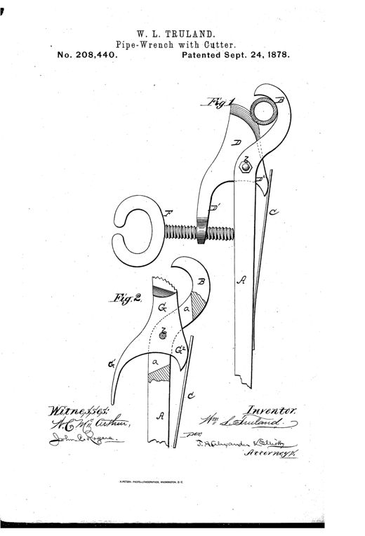 Patent drawing showing two interchangeable attachments for a handle: Fig. 1 depicts a curved cutting blade with a hooked jaw and adjusting thumb-screw, and Fig. 2 depicts a serrated wrench jaw with a similar curved handle and slot for the pivot bolt.