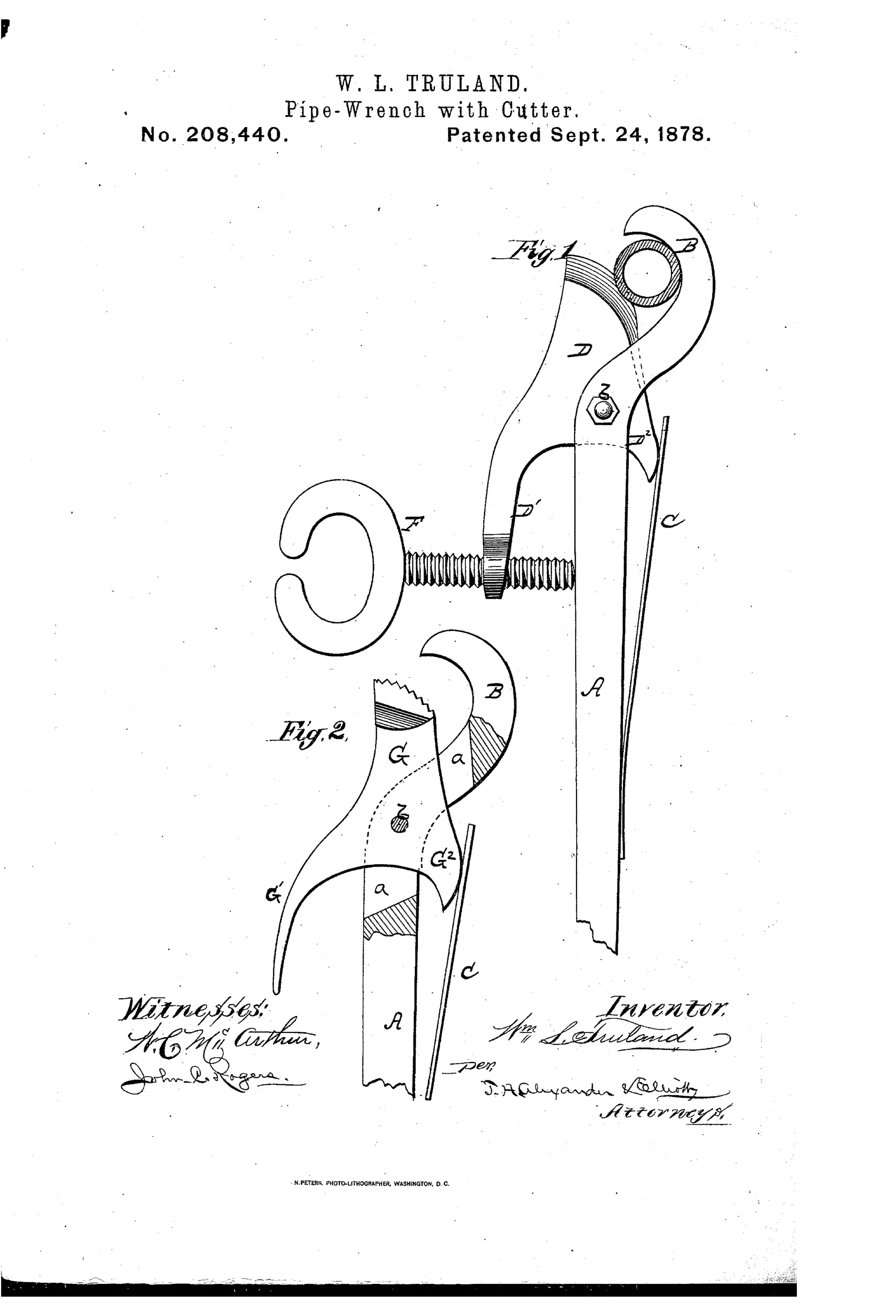Patent drawing showing two interchangeable attachments for a handle: Fig. 1 depicts a curved cutting blade with a hooked jaw and adjusting thumb-screw, and Fig. 2 depicts a serrated wrench jaw with a similar curved handle and slot for the pivot bolt.