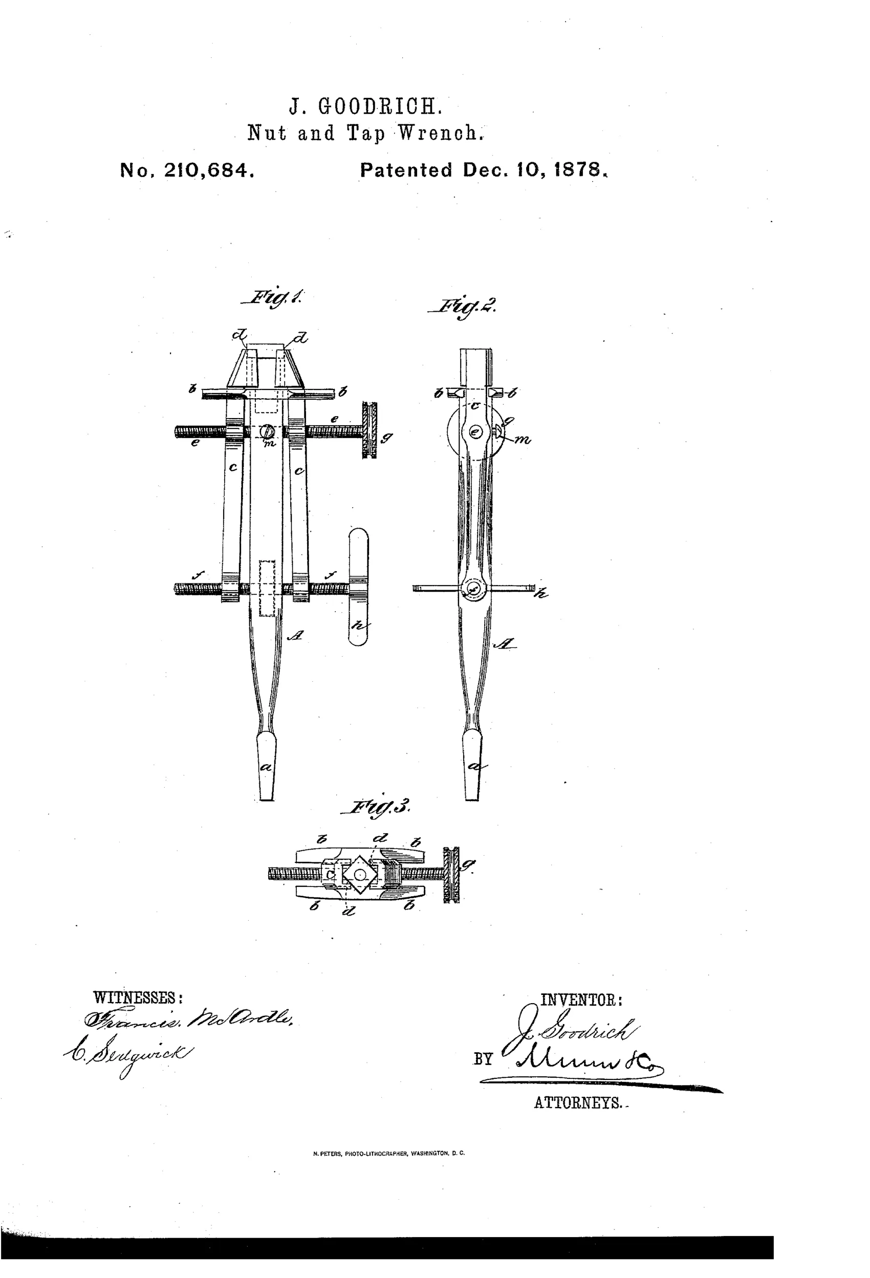 Patent drawing of a combination nut and tap wrench showing a tapered shank with two side arms holding opposing jaws adjusted by right-and-left-hand screws with milled and T-shaped heads, alongside a front and end view of the same mechanism.