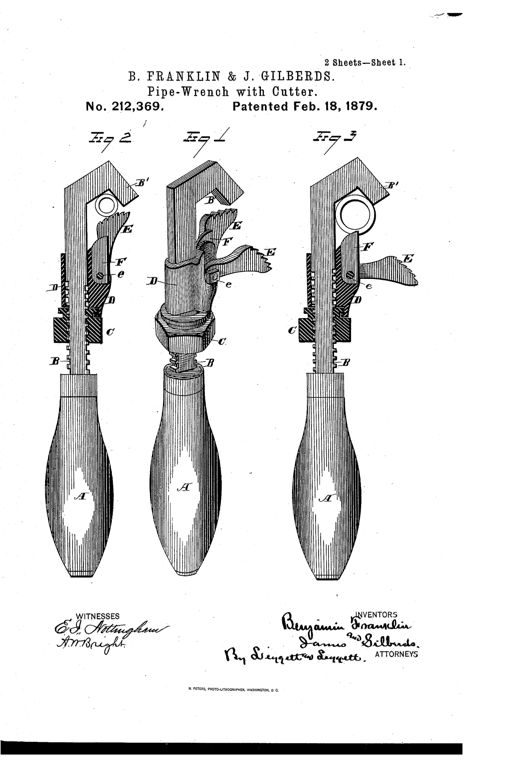 Patent drawing of a hand-held pipe wrench with a wooden handle, threaded shank, adjusting nut, and a jawed head containing two toothed dogs and a cutter blade for gripping and cutting pipe.