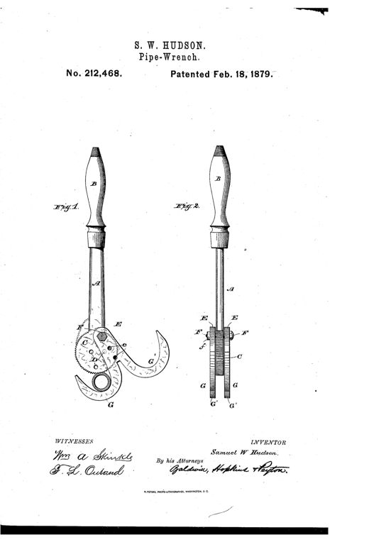 Patent drawing of a pipe wrench showing a handled shank ending in a toothed circular disk jaw, with a two-part hooked movable jaw pivoted eccentrically to grip a section of pipe, shown in side and edge views.