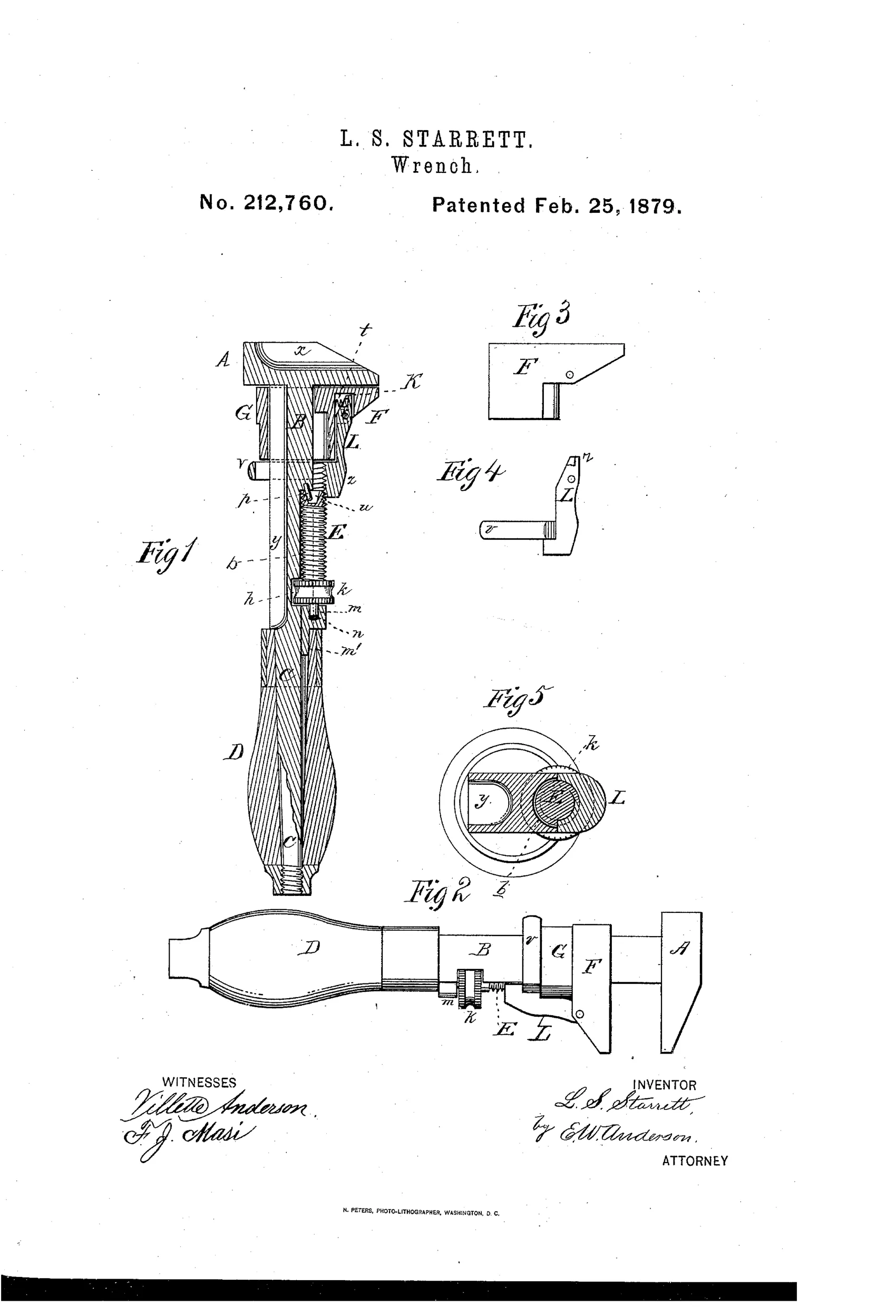 Patent drawing of an L.S. Starrett wrench showing a longitudinal cross-section with labeled jaw, screw, spring, and brace parts, plus a side view and detail cross-sections of the jaw and pivoting brace mechanism.