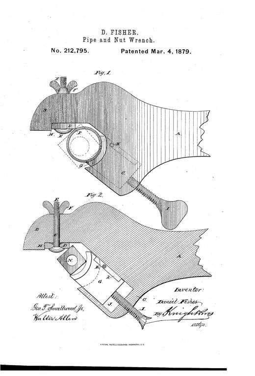 Patent drawing of a 19th-century pipe and nut wrench showing two figures: an upper jaw with a wing-nut secured bit and a lower sliding concave block adjusted by a screw, gripping a pipe section labeled P and nut N.