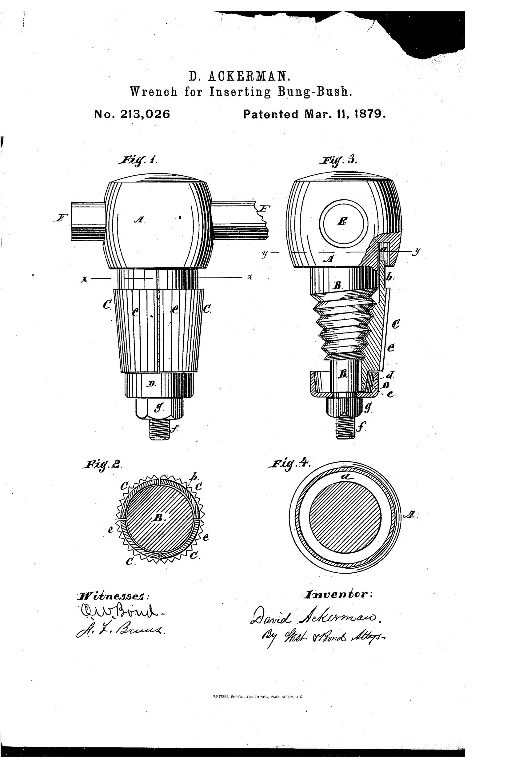 Patent drawing of a bung-bush insertion wrench showing a rounded head with a crossbar handle, a conical screw-threaded stem, four expanding corrugated plates arranged around the stem, and a retaining cap secured by a nut at the base, shown in elevation, cross-section, and end views.