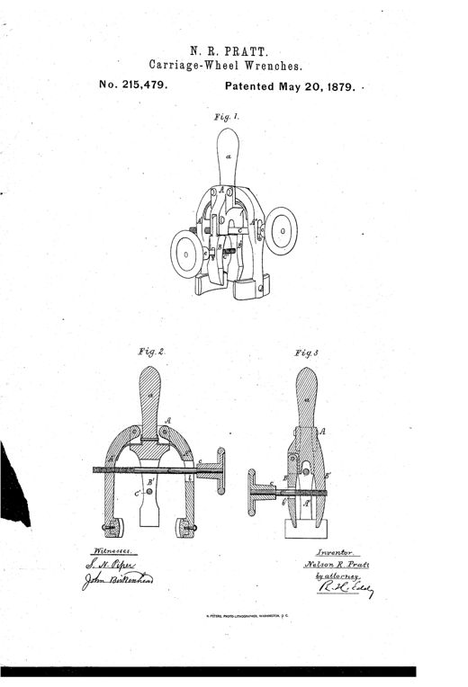 A patent drawing of a two-handed carriage-wheel wrench with a central handle, two pairs of hinged clamping jaws forming an X-shaped body, and threaded clamping screws with knurled thumb wheels on each side.