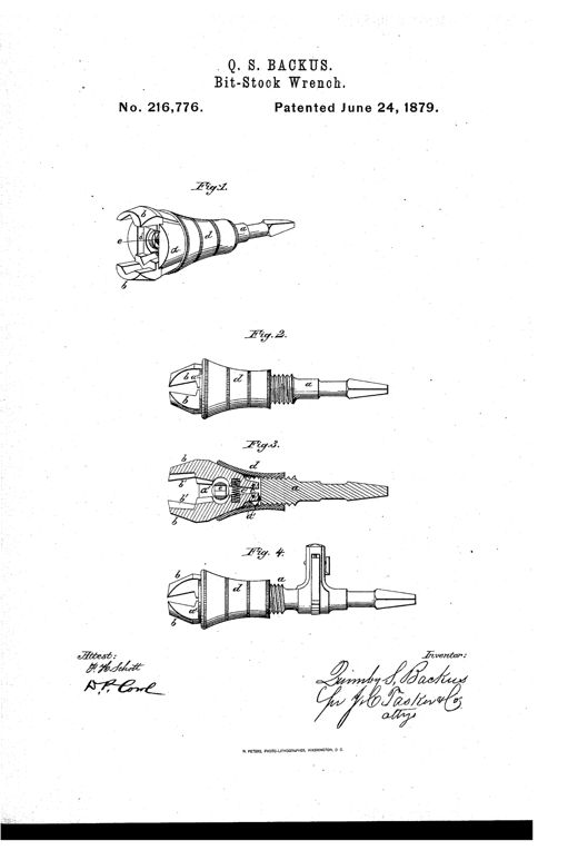 Patent drawing of a bit-stock wrench showing a conical shank with pivoted expanding jaws, a threaded funnel-shaped sleeve, and a ratchet-equipped variant attached to a brace handle.