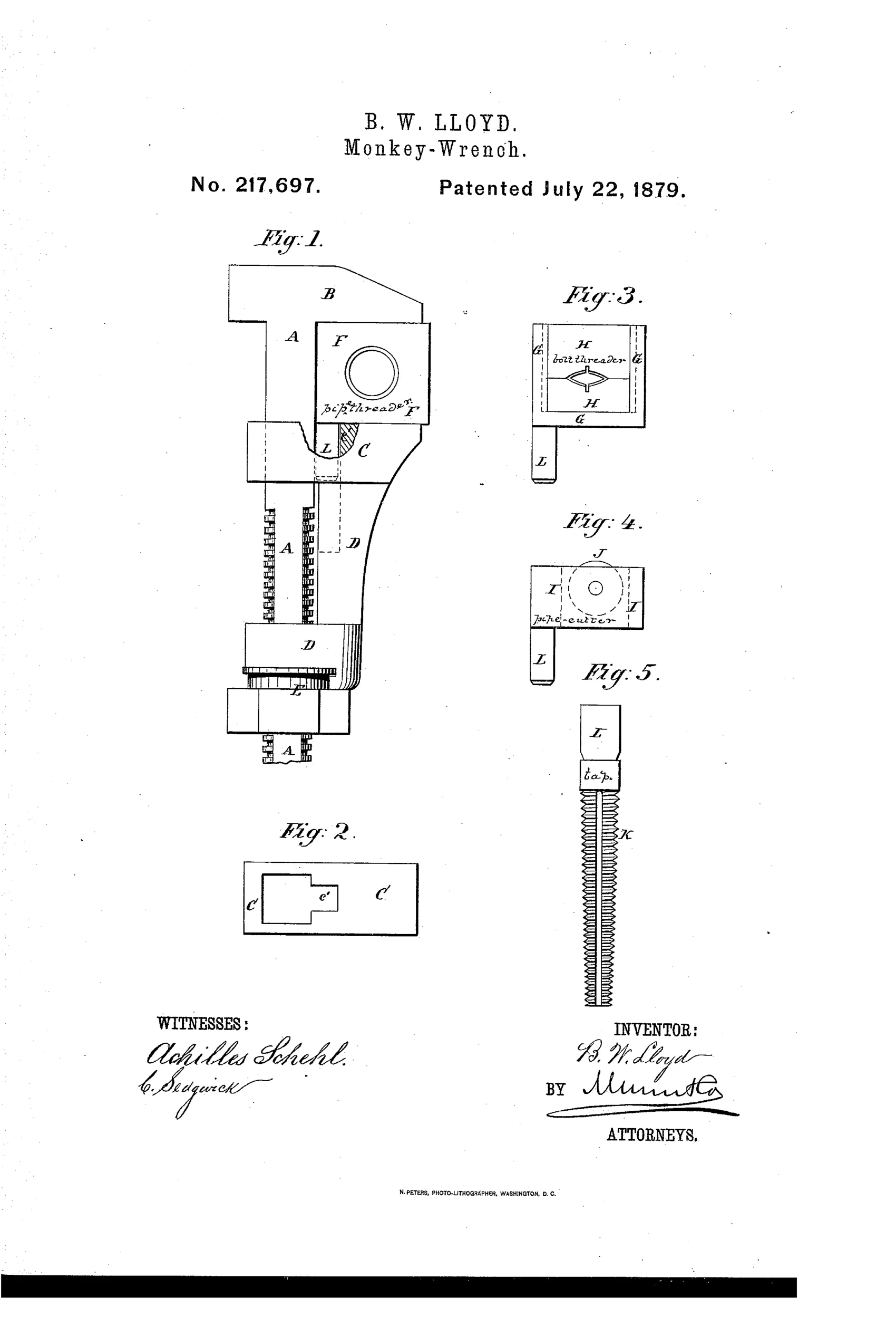 Patent drawing of a monkey wrench with a stationary jaw B and sliding jaw C on a threaded shank, alongside interchangeable attachments including a pipe-threading die, bolt-threading die box, pipe cutter, and nut tap, each fitted with an arm L to insert into a socket on the sliding jaw.