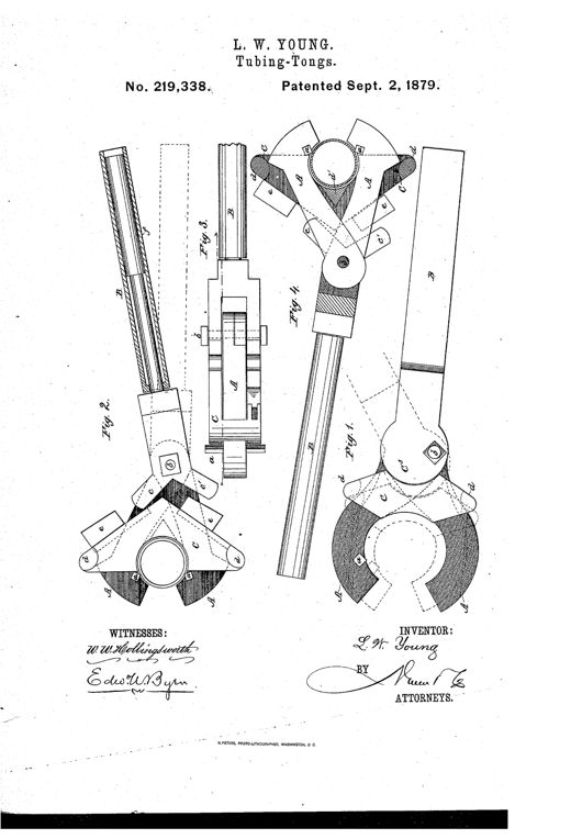 Patent drawing showing four views of hinged pipe tongs with triangular jaws, a sliding yoke, and long handles used to grip and turn oil-well tubing.