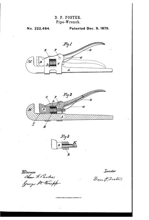 Patent drawing of a pipe wrench showing a curved fixed jaw M at one end of a long bar A, with a sliding frame C, screw cylinder E, movable jaw B, and a curved cam-lever handle D pivoted at F, illustrated in side elevation, cross-section, and jaw detail views.
