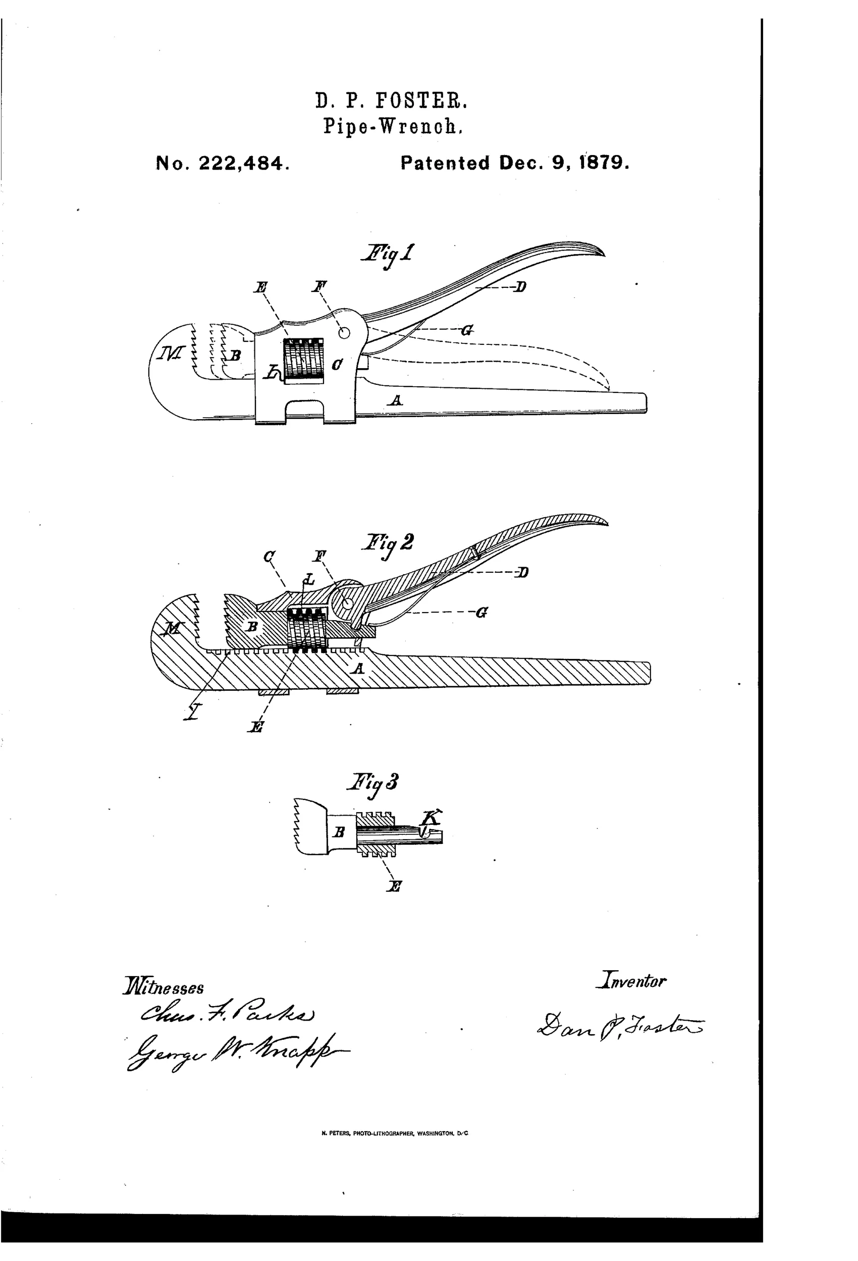 Patent drawing of a pipe wrench showing a curved fixed jaw M at one end of a long bar A, with a sliding frame C, screw cylinder E, movable jaw B, and a curved cam-lever handle D pivoted at F, illustrated in side elevation, cross-section, and jaw detail views.