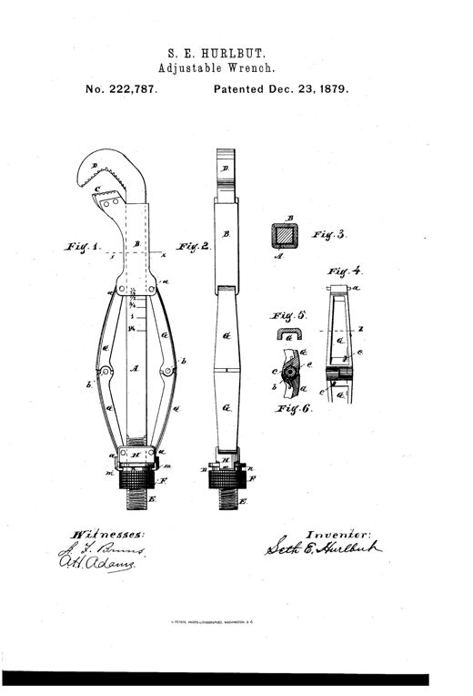 Patent drawing of an adjustable wrench with a toothed alligator-style jaw at the top, a long bar with a sliding sleeve, and a pair of curved jointed spring levers forming a handle that closes the jaw when squeezed, shown in side and top views alongside cross-section details of the joint and threaded adjusting nut.