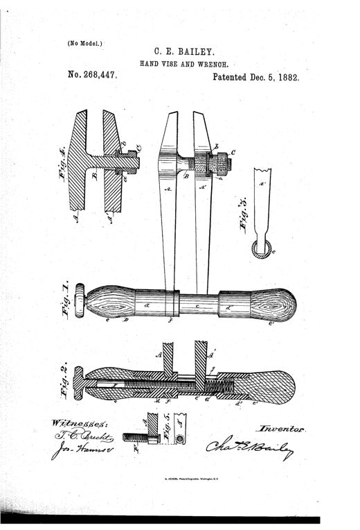 Patent drawing of a hand vise and wrench tool showing two long jaws (A and A') joined by a threaded bar and thumb-nut, connected below to a cylindrical wooden-handled body with an internal screw-bolt and spring mechanism, alongside detail views of the jaw tip, nut flange, and handle cross-section.