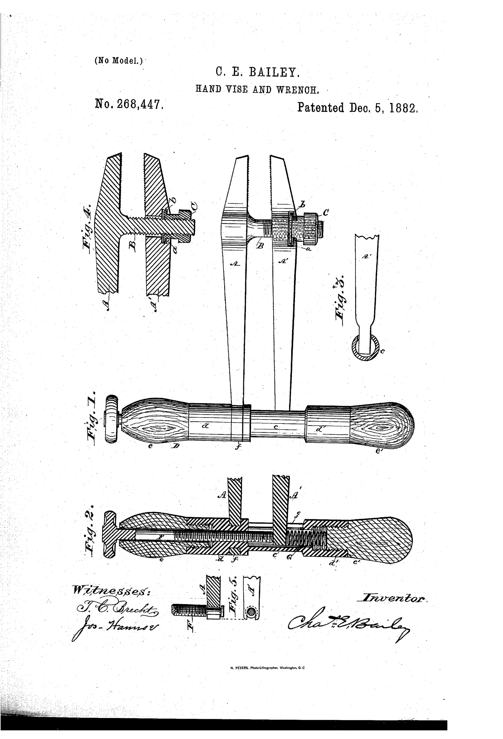 Patent drawing of a hand vise and wrench tool showing two long jaws (A and A') joined by a threaded bar and thumb-nut, connected below to a cylindrical wooden-handled body with an internal screw-bolt and spring mechanism, alongside detail views of the jaw tip, nut flange, and handle cross-section.