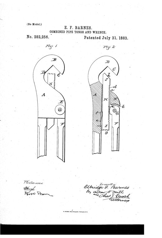 Two side-by-side patent drawings of a combined pipe-tongs and wrench tool, each showing a hooked frame labeled A and B with an internal toothed sliding bar H and pivoted lever F, one figure depicting the tongs configuration and the other a cross-section showing the wrench configuration with hatched internal parts.