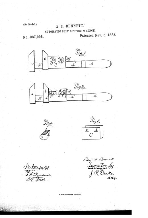 Patent drawing showing a long-handled wrench with a sliding jaw bar containing internal spring-loaded roller chambers, shown in assembled and open views with detail insets of the roller and cover plate.