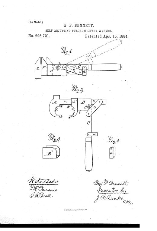 Patent drawing of a wrench with a sliding toothed jaw on a main bar, a hinged lever handle connected by pivoted fulcrum braces, and a small locking loop clasp, shown in four figures.
