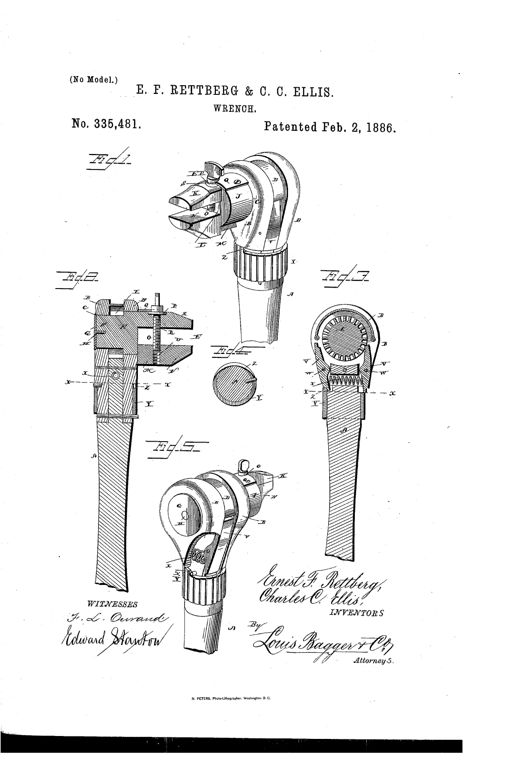 Patent drawing of a ratchet wrench showing five figures: a perspective view of the assembled tool with adjustable jaws and knurled screw, two cross-sectional views revealing internal pawls and ratchet teeth, a small circular cross-section, and an enlarged perspective of the head with parts broken away to show the sliding jaw mechanism.