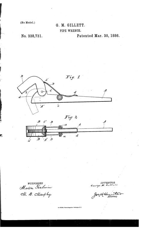 Patent drawing of a pipe wrench showing a long tapered handle bar with a serrated head, a hinged slotted jaw piece, and a wire spring looping around studs to hold the jaws closed.