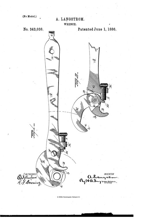 Patent drawing of a wrench with an elongated tapered handle ending in a screwdriver tip at top and a curved gripping jaw with ratchet teeth at bottom, with two detailed close-up views (Fig. 1 and Fig. 2) showing the pivoting jaw, coiled spring, set-screw, and locking lug mechanism.