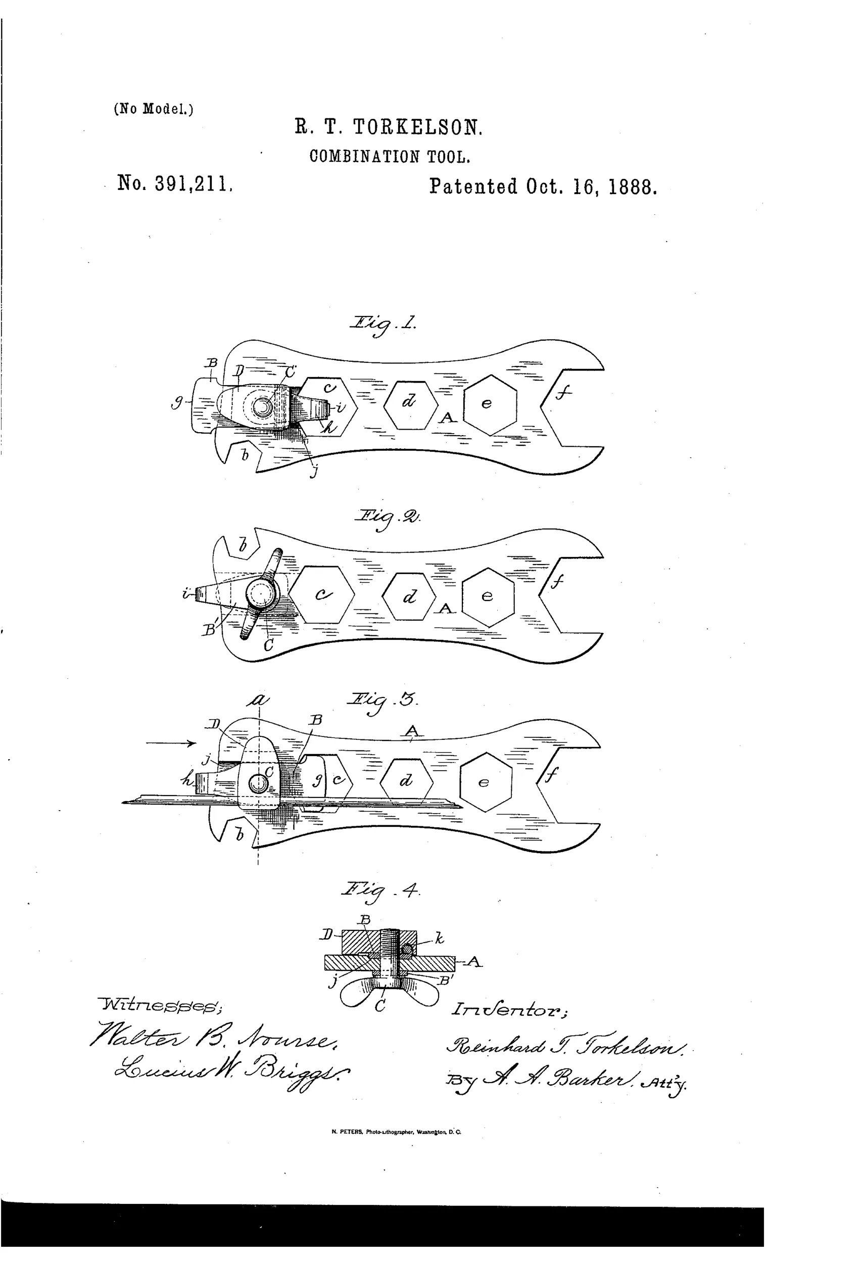 Patent drawing of a flat wrench with multiple hexagonal openings of different sizes, a detachable double-bladed screwdriver clamped to one end by a set screw and plate, shown in two side views, applied to a bicycle spoke, and in cross-section.