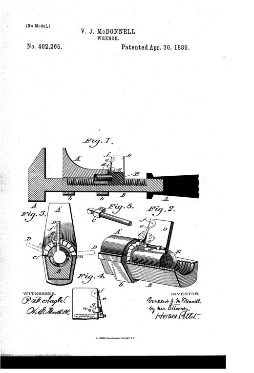 Patent drawing of a monkey wrench showing a sectional view of the sliding threaded jaw mechanism with a pivoting handle, pawl, and notched locking teeth, along with cross-sectional and perspective detail views labeled Figs. 1 through 5.