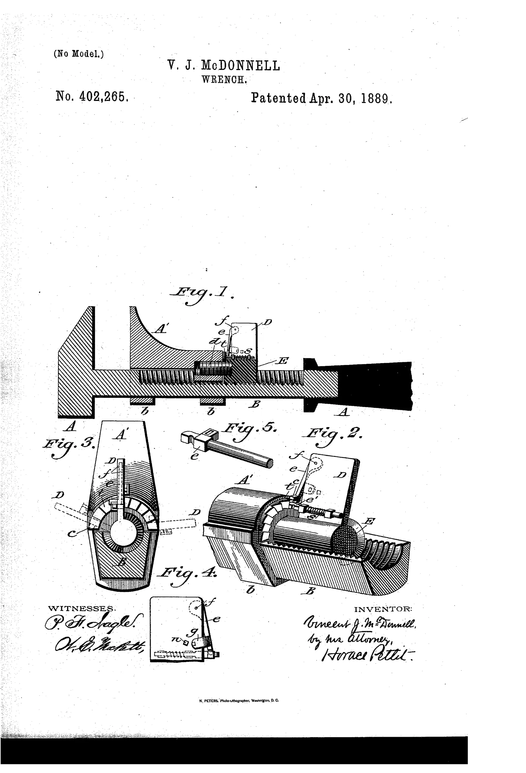 Patent drawing of a monkey wrench showing a sectional view of the sliding threaded jaw mechanism with a pivoting handle, pawl, and notched locking teeth, along with cross-sectional and perspective detail views labeled Figs. 1 through 5.