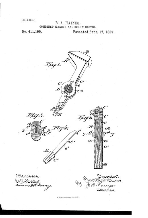 Patent drawing of a monkey-wrench-style tool showing an angled handle with a sliding jawed head, a thumb-nut adjustment collar, and a retractable screwdriver blade housed within the handle, with four labeled figures illustrating the assembled tool, cross-sections, and the screwdriver detail.