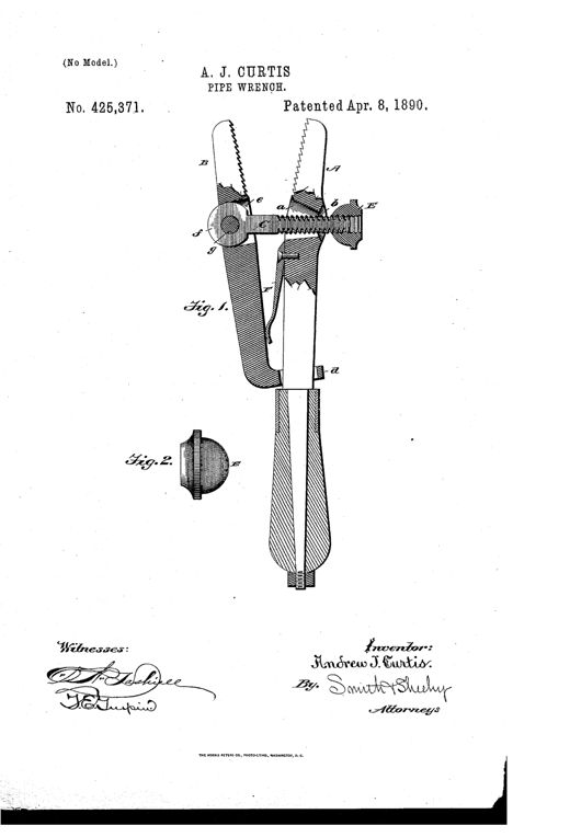 Patent drawing of a pipe wrench showing two toothed jaws (A and B) joined by a threaded lever (C) passing through flaring slots, secured by a convex nut (E), with a spring (F) shown between the jaws and a separate detail view of the nut in Fig. 2.
