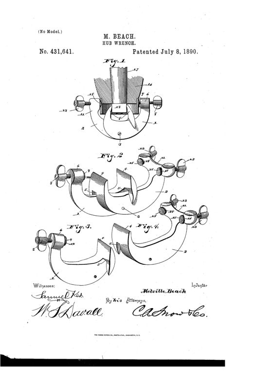 Patent drawing showing a curved two-piece hub wrench with pivot bolt, jaws gripping an axle nut, and knurled binding screws on the outer ends, along with detail perspectives of the individual members.