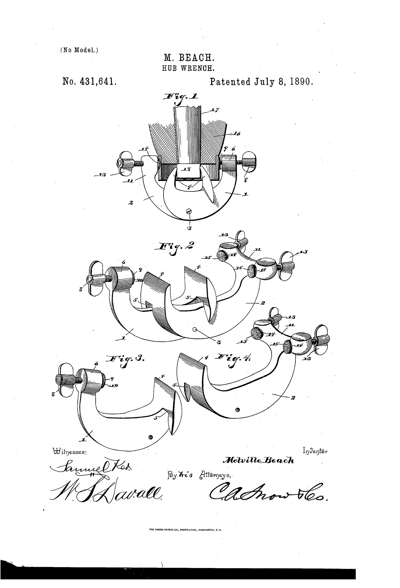 Patent drawing showing a curved two-piece hub wrench with pivot bolt, jaws gripping an axle nut, and knurled binding screws on the outer ends, along with detail perspectives of the individual members.