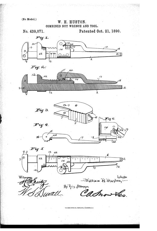 Patent drawing of a 19th-century combination wrench showing a sliding jaw, toothed rack-bar, pivoted lever handle, screwdriver tip, and a detachable U-shaped pipe-wrench casing, with detail views of the jaw mechanism and wire-cutter.