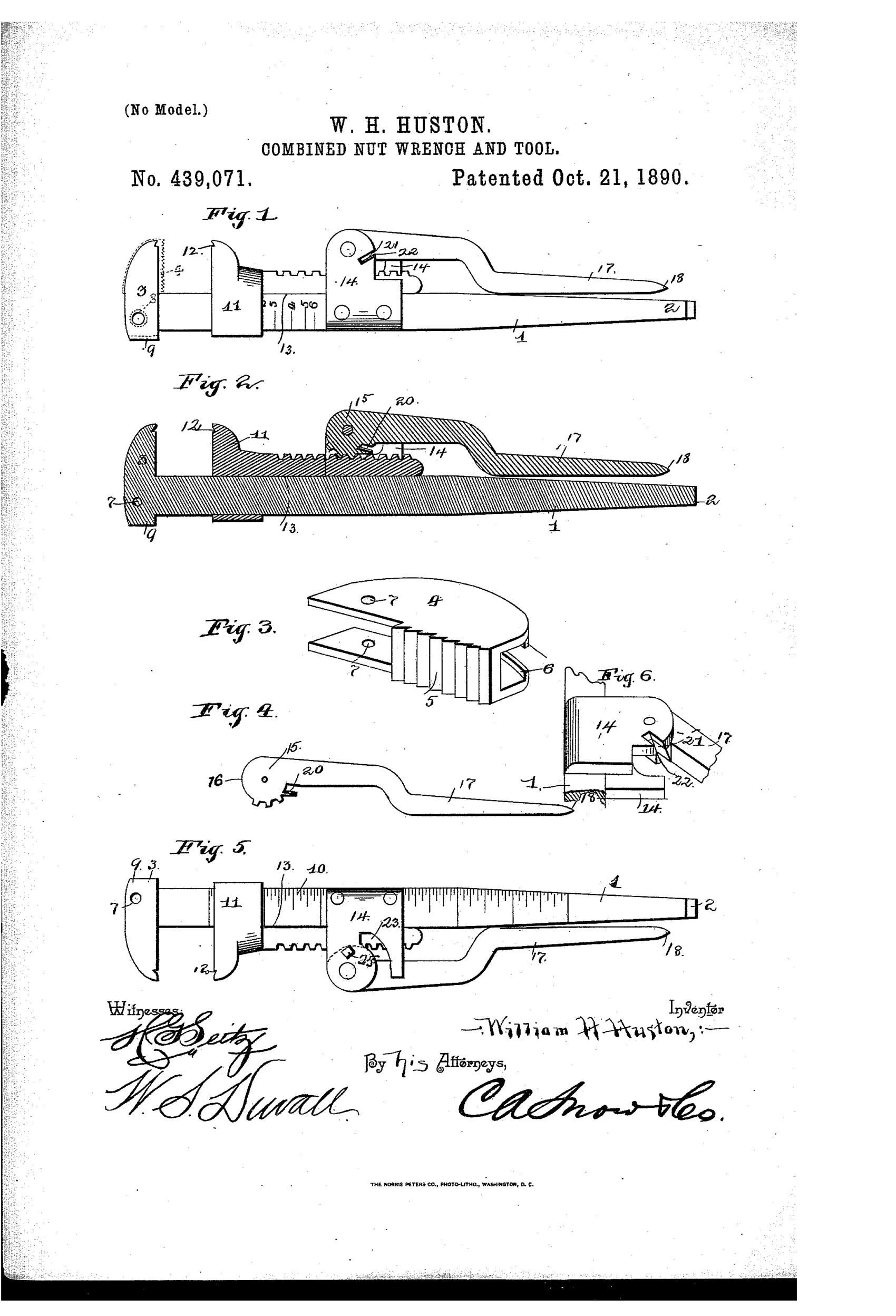 Patent drawing of a 19th-century combination wrench showing a sliding jaw, toothed rack-bar, pivoted lever handle, screwdriver tip, and a detachable U-shaped pipe-wrench casing, with detail views of the jaw mechanism and wire-cutter.
