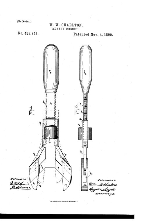 Patent drawing of a monkey wrench with a long handle, a screw-threaded bar, a sliding sleeve with thumb-nut, and two divergent toothed jaws connected by links, shown in both side and edge views.