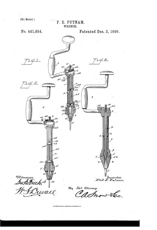 Patent drawing showing three views of a combination hand tool with a crank handle, a slotted stock containing a sliding plunger, and pivoted jaws at the tip that can be adapted to grip a nut, a bit shank, or a screw-driving blade.