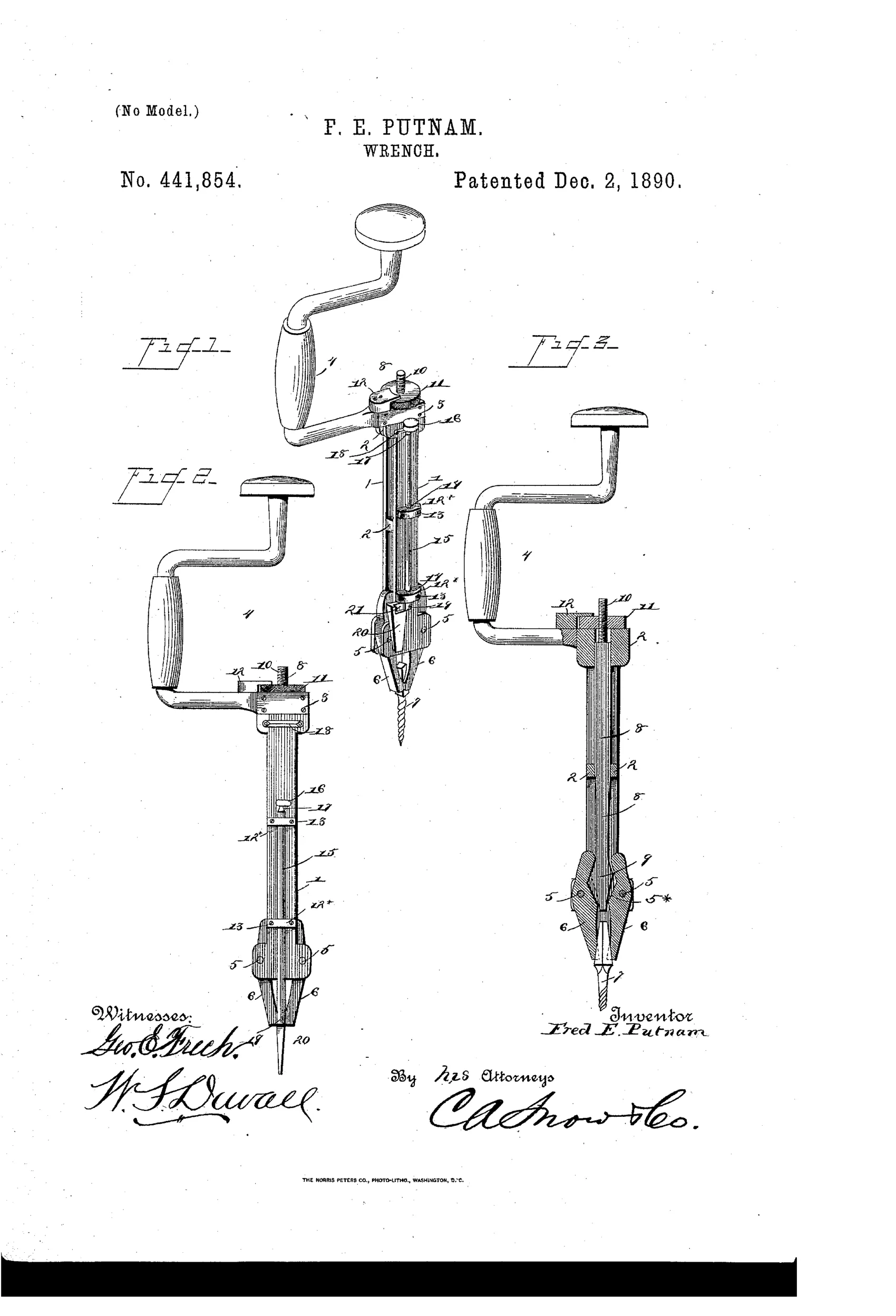Patent drawing showing three views of a combination hand tool with a crank handle, a slotted stock containing a sliding plunger, and pivoted jaws at the tip that can be adapted to grip a nut, a bit shank, or a screw-driving blade.