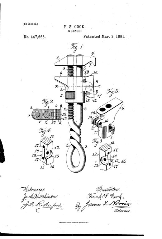 Patent drawing of a pipe wrench showing a twisted handle forming two arms, a stationary jaw at top with a screw-thread adjustment nut, and a sliding box holding a reversible toothed pawl on a pivot pin, with separate detail views of the pawl and slide components.