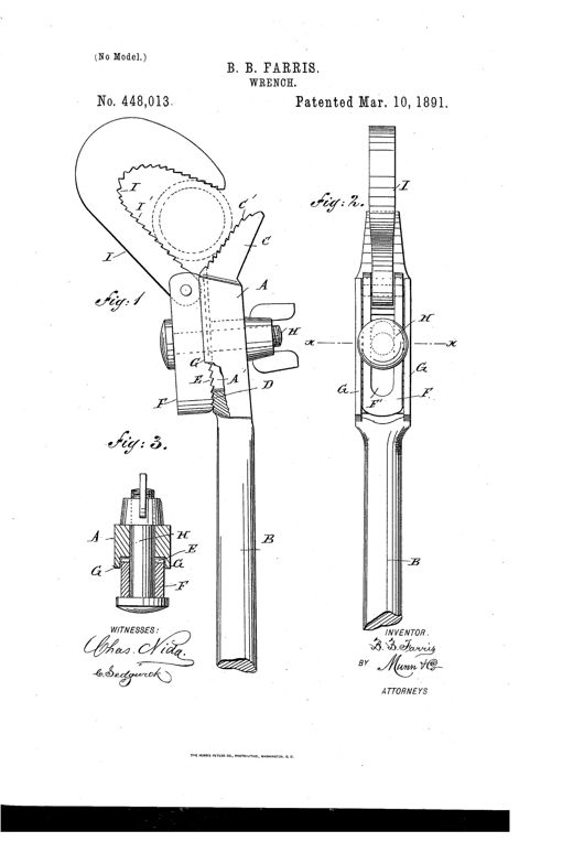 Patent drawing of a wrench showing a long handle with a sliding, bolt-locked head bearing a pivoted hook-shaped serrated jaw opposite a fixed angular serrated jaw, with a separate cross-sectional detail of the head assembly.
