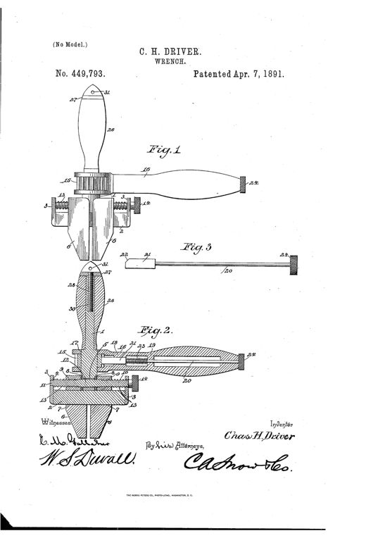 Patent drawing of an 1891 ratchet wrench showing a bulbous wooden handle, a bifurcated ratchet handle with pawl, a cylindrical shank, and adjustable sliding jaws with a milled nut for tightening, alongside a detail view of the pawl rod assembly.