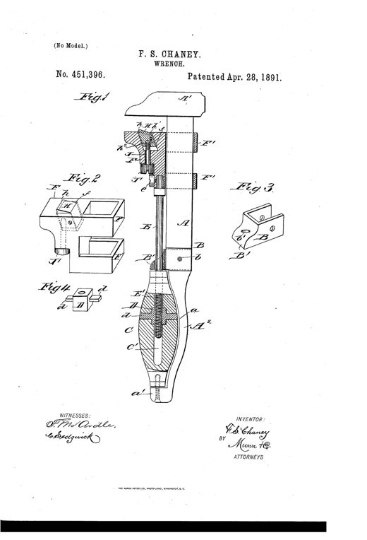 Patent drawing of a long-shanked adjustable wrench with a fixed jaw at top, a sliding movable jaw with an embedded spring pawl, a threaded bolt running down the shank into a rotating nut inside a pivoted hollow handle, and detail insets of the jaw, stay-block, and internal nut.