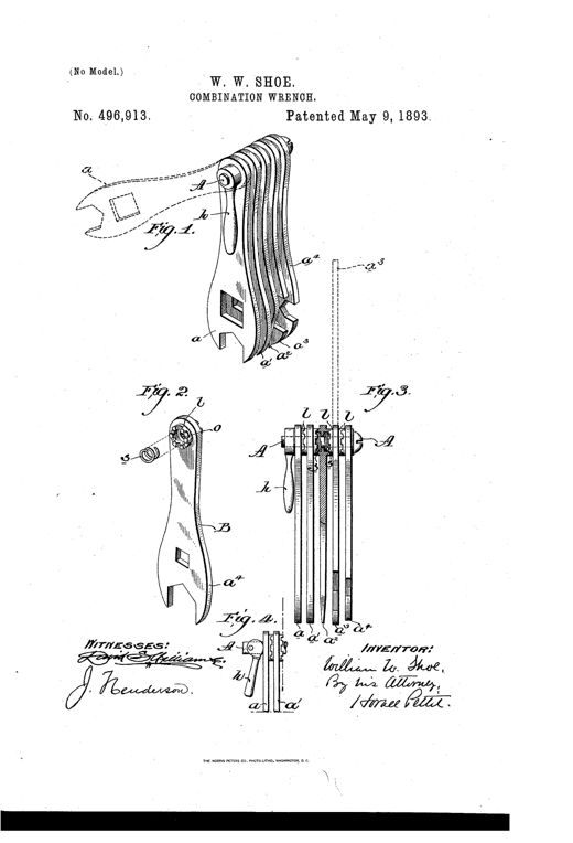 Patent drawing of a nested multi-blade combination wrench, showing folded and exploded views with lettered parts labeled A, B, a, b, l, o, s, and h.