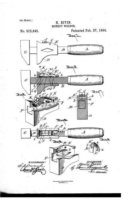 Patent drawing of a monkey wrench showing the handle, notched shank, sliding jaw with internal pawl and spring mechanism, and a hammer-shaped rigid head, with multiple cutaway and detail views labeled with reference letters A through L.