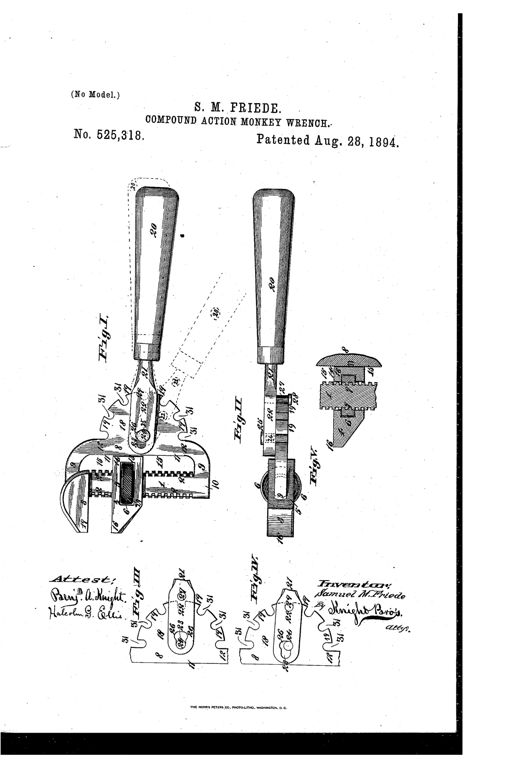 Patent drawing of a compound-action monkey wrench showing the wrench body with adjustable jaw and screw stem, a long handle with a locking commander head, a semi-circular toothed rag-spur gear plate, and detail views of the ratcheting frame and key-pin engagement.