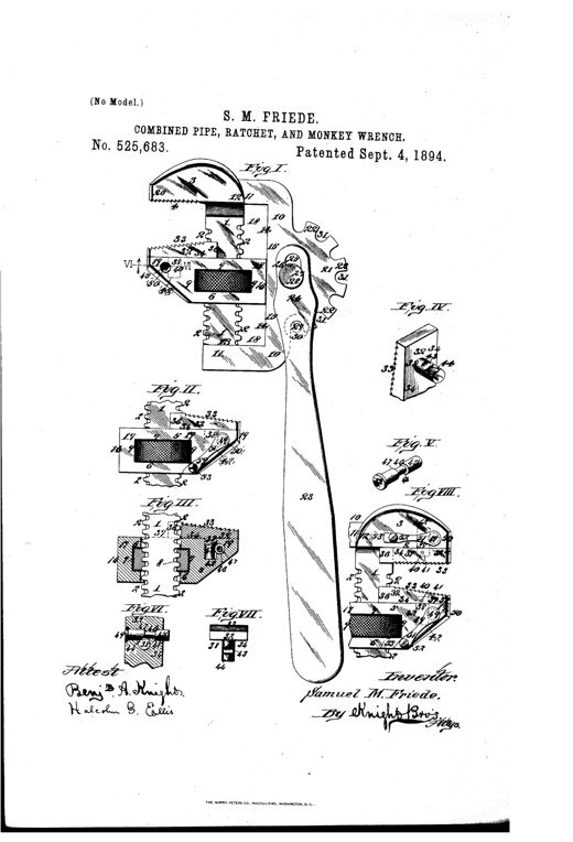 Patent drawing of a combined pipe, ratchet, and monkey wrench showing a long flattened screw-stem handle with an adjustable jaw mechanism at top, a curved bail-shaped frame with cog-spur gear plate, a pivoting lever handle with an inverted T-slot, and several detail insets of the detachable ratchet plates, lock bolts, and jaw components.