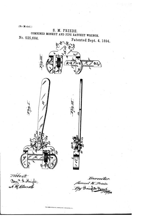 Patent drawing showing three views of a combined monkey and pipe ratchet wrench: a side view with a long handle and geared head, a slim edge view of the handle, and a modified version with integral jaws and a spur-gear plate.