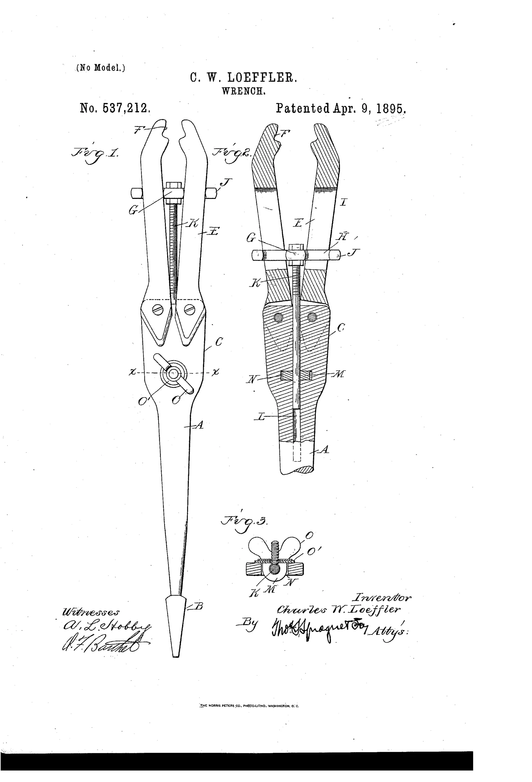 Patent drawing of an adjustable wrench with a long shank, squared bit end, pivoted spreading jaws at the top, and a threaded rod with wing nut for locking the jaw spread, shown in side view, cross-section, and end view.