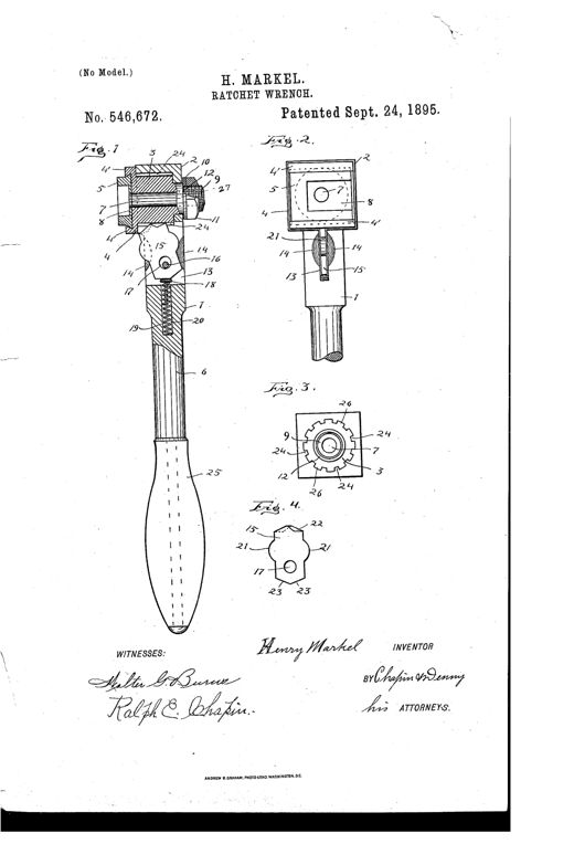Patent drawing of a ratchet wrench showing a sectioned side view with internal ratchet, pawl, spring, and wooden handle, plus front and rear detail views of the ratchet head and pawl.